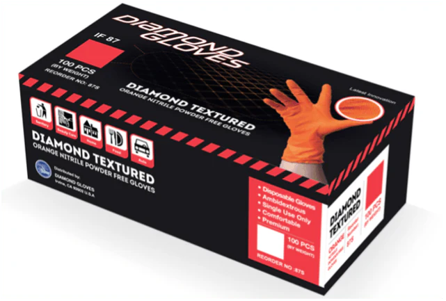 Diamond Textured Orange Industrial Nitrile Powder-Free Glove, 8 Mil, Case of 1000