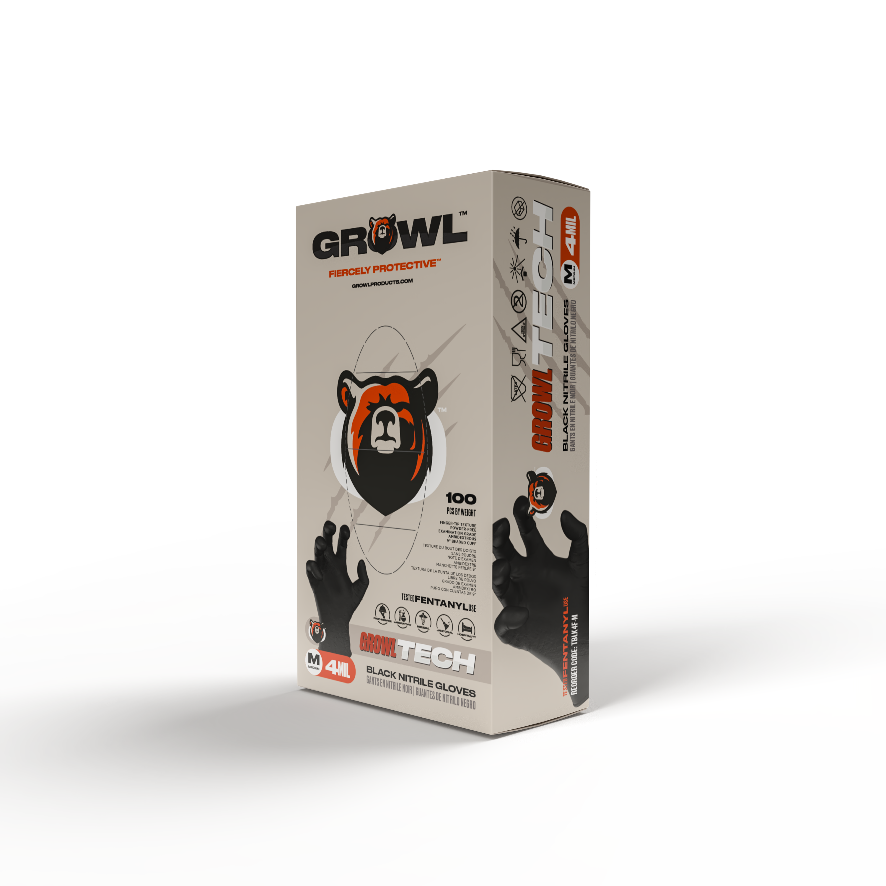 GROWL TECH 4 mil Black Exam Nitrile Glove - Case of 1000, Fentanyl Resistant