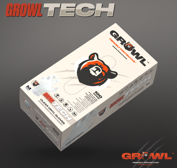 GROWL TECH Clear Vinyl Gloves, 3 mil - Case of 1000