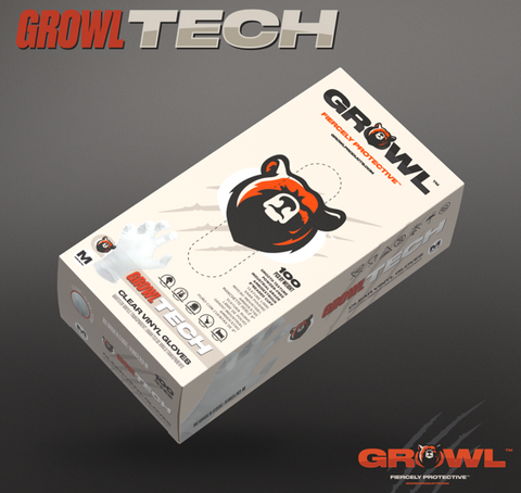 GROWL TECH Clear Vinyl Gloves, 3 mil - Case of 1000